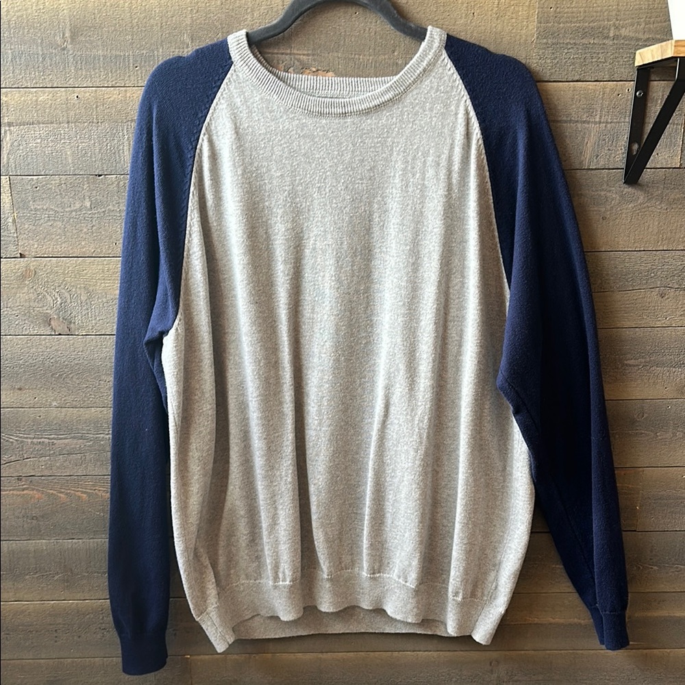 Walking & Bro’s Gray and Blue Crewneck Cashmere BlendSweater with Raglan Sleeves